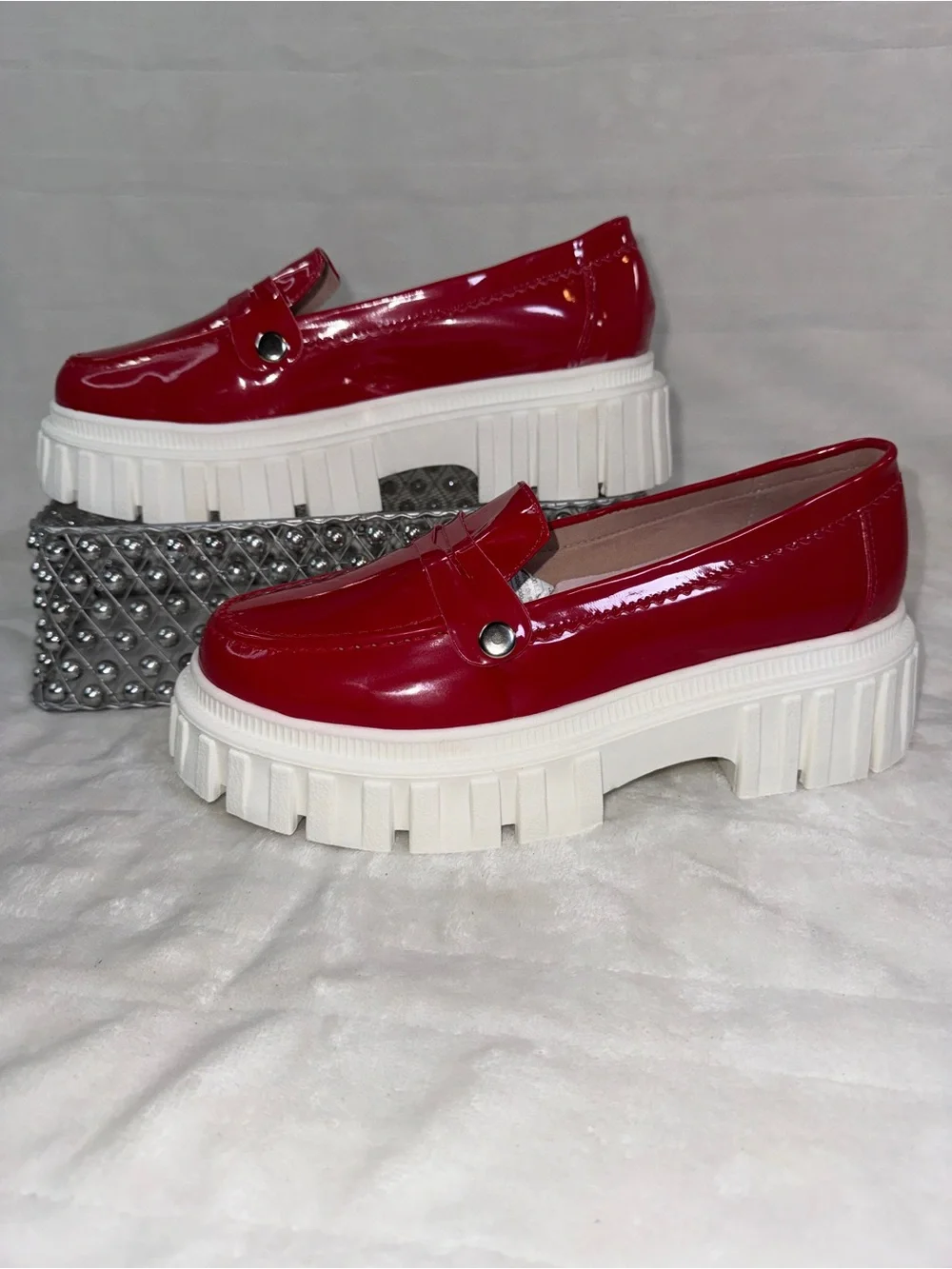 Patent Red Platform Loafers with Chunky White Sole size 8W